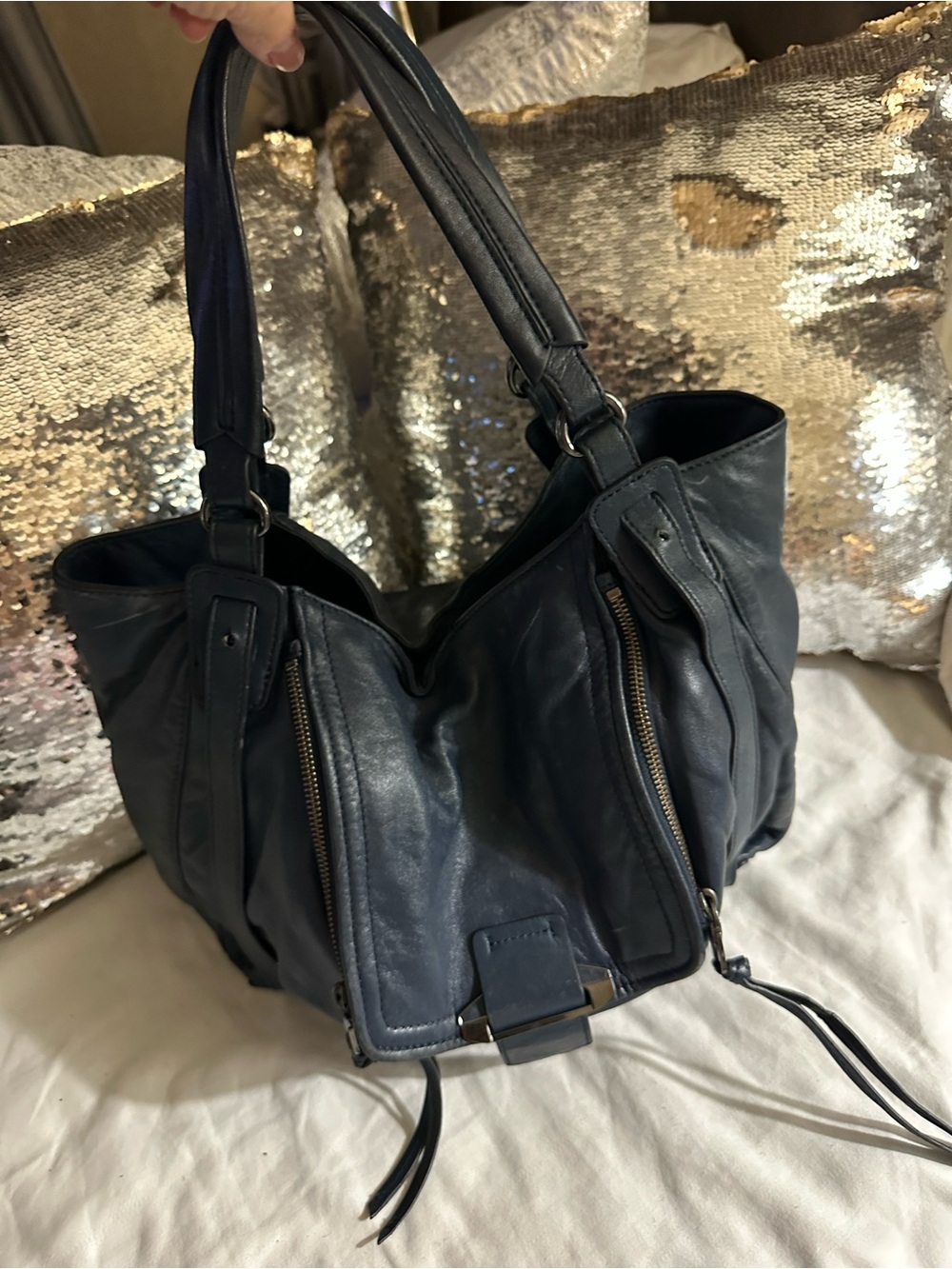 Kooba Navy Blue Leather backpack with Front Zip Details